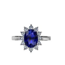 18K Sortija Oro Blanco Zafiro 8X6 Mm 1,63 Qt. Diamantes 0,42 Qt Vs2-G.