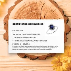 18K Sortija Oro Blanco Zafiro Difusion 0.98 Qts. Diamantes 0.290 Qts. Si-H