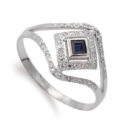 18K Sortija Oro Blanco Zafiro Y Circonitas. Ancho: 13 Mm