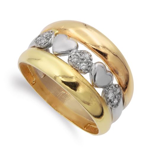 18K Sortija Oro Tricolor Bandas Con Corazones. Ancho 13 Mm