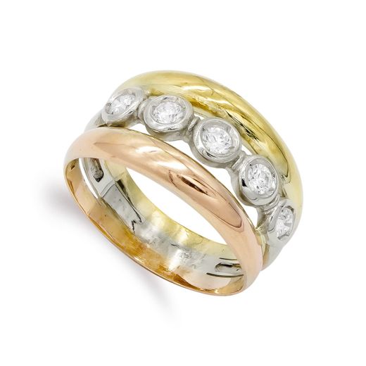 18K Sortija Oro Tricolor Maciza Con Circonitas. Ancho: 12,5 Mm