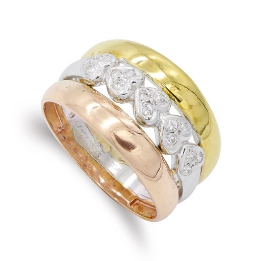 18K Sortija Oro Tricolor Maciza Corazones Con Circonitas. Ancho: 13,5 Mm