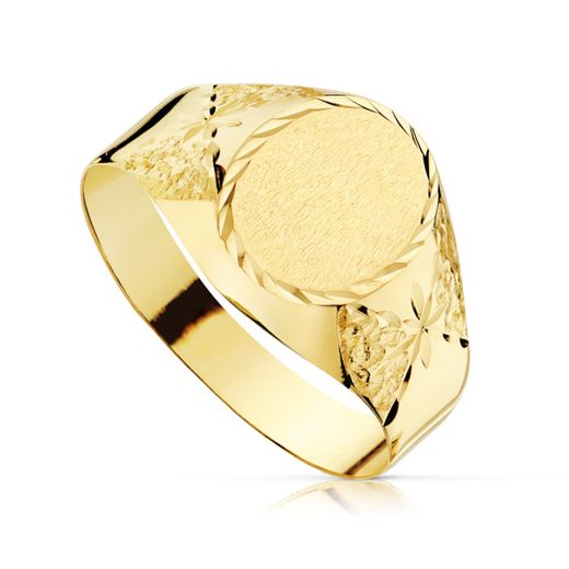 18K Sortija Sello Oro Amarillo Cadete Tallado Hueco. Zona Grabado: 9X7 Mm