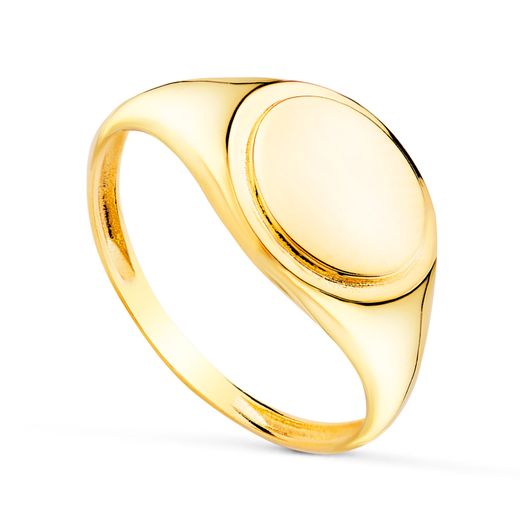 18K Sortija Sello Oro Amarillo Macizo Brillo Cabeza Oval: 10X8Mm