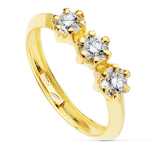 18K Sortija Tresillo Oro Amarillo Con 3 Circonita De 4 Mm En Garras