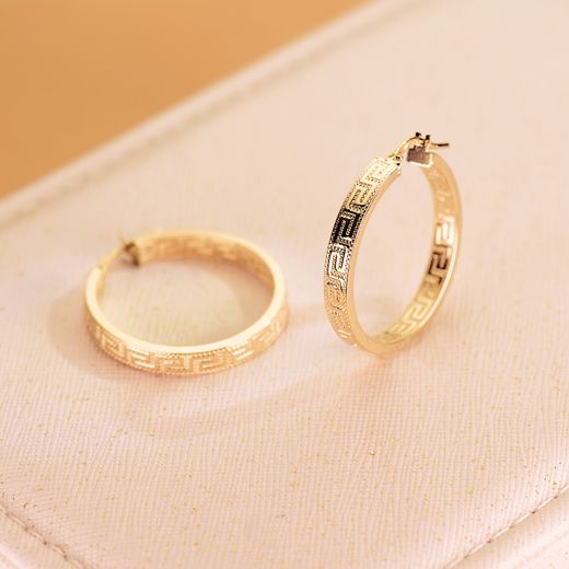 9K Aros Oro Amarillo Huecos Con Greca 28 Mm Tubo Rectangular 3 Mm X 1.2 Mm