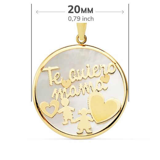 9K Colgante Oro Amarillo Mama Nacar Niño Y Niña 20 Mm