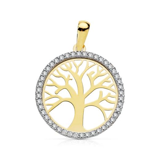 9K Colgante Oro Bicolor Arbol De La Vida Con Circonita 20 Mm