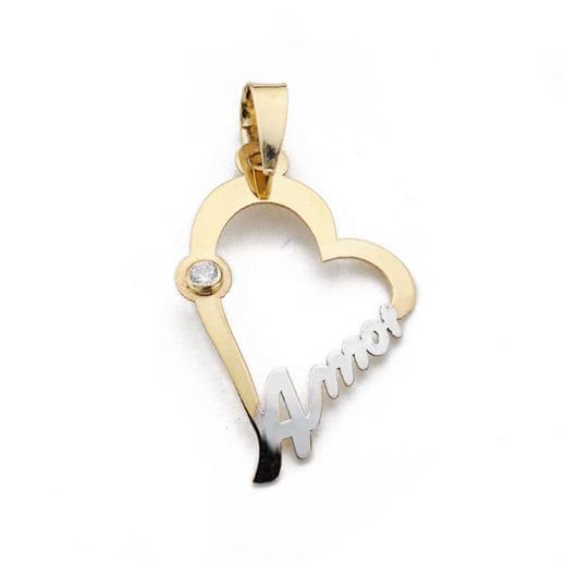 9K Colgante Oro Bicolor Corazon Con Palabra Amor Y Circonita. Medida: 22X15 Mm