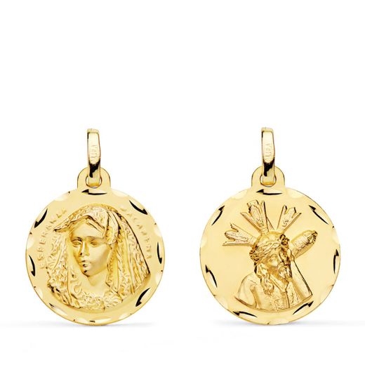 9K Escapulario Oro Amarillo Virgen Macarena Y Gran Poder Tallada 18 Mm