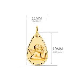 9K Medalla Oro Amarillo Gota Angelito Burlon Tallada 19 X 11 Mm