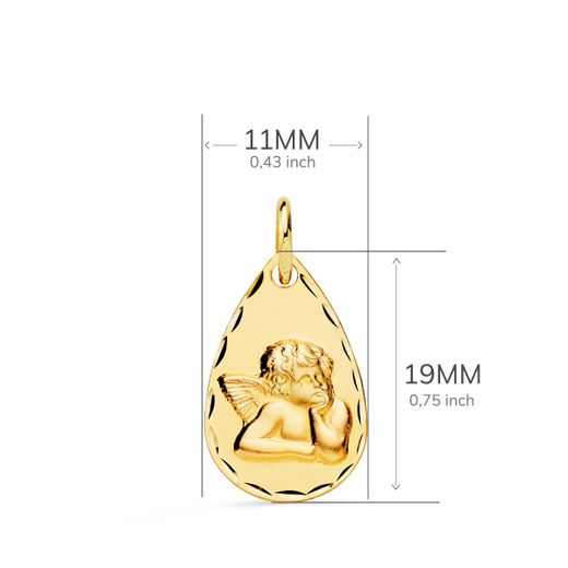 9K Medalla Oro Amarillo Gota Angelito Burlon Tallada 19 X 11 Mm