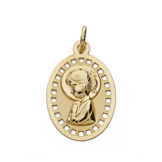9K Medalla Oro Amarillo Virgen Niña Calada 23X14 Mm