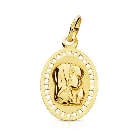 9K Medalla Oro Amarillo Virgen Niña Cerco Calado 19X12 Mm