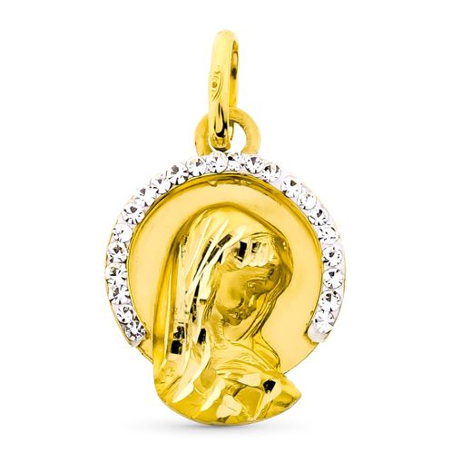 9K Medalla Oro Amarillo Virgen Niña Oro Amarillo Cerco Piedras 15X11 Mm