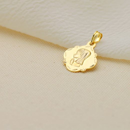 9K Medalla Oro Amarillo Virgen Niña Perfil Pandereta Tallada 19X16 Mm