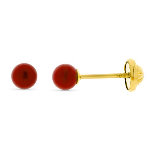 9K Pendientes Oro Amarillo Coral Sintetico Redondo 4 Mm. Cierre Tuerca