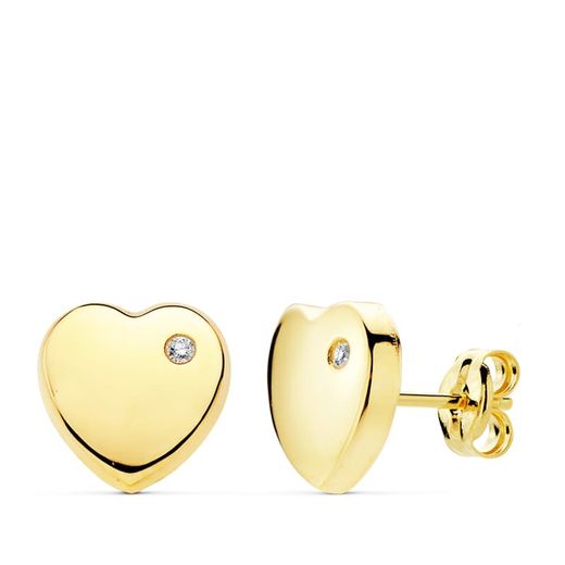 9K Pendientes Oro Amarillo Corazon Brillo Con Circonita 8X8 Mm. Cierre Presion