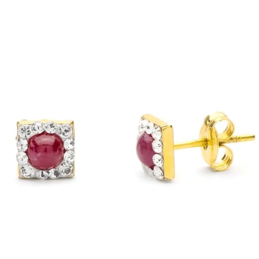 9K Pendientes Oro Amarillo Cuadrado Piedra Cabujon Redondo 4 Mm Y Circonitas 6X6 Mm. Cierre Presion