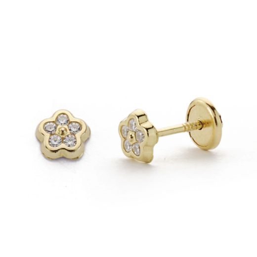 9K Pendientes Oro Amarillo Flor Con Circonitas. Medida: 5X5 Mm. Cierre Tuerca