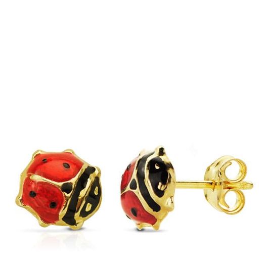 9K Pendientes Oro Amarillo Mariquita Esmalte 7X7 Mm. Cierre Presion(Minimo 3 Pares)