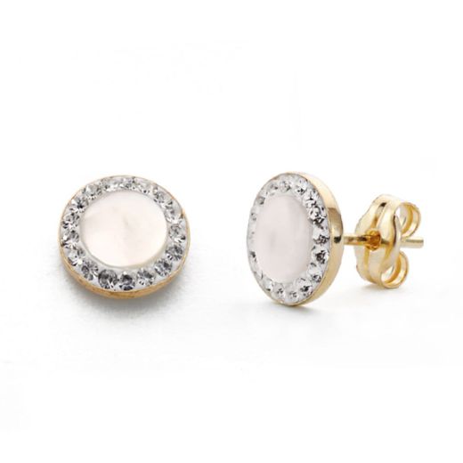 9K Pendientes Oro Amarillo Redondos 7 Mm Con Nacar. Cierre Presion