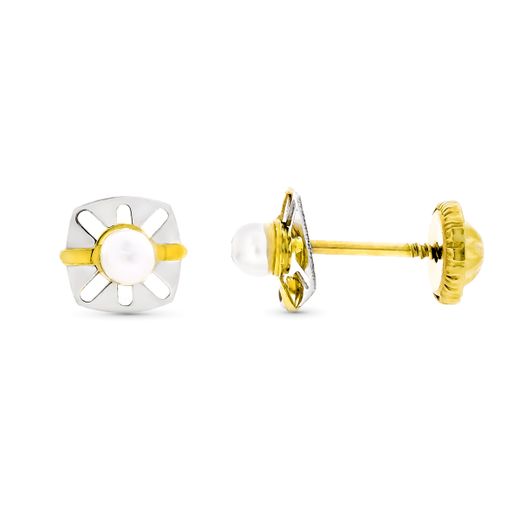 9K Pendientes Oro Bicolor Calados Con Perla 6X5 Mm Cierre Tuerca