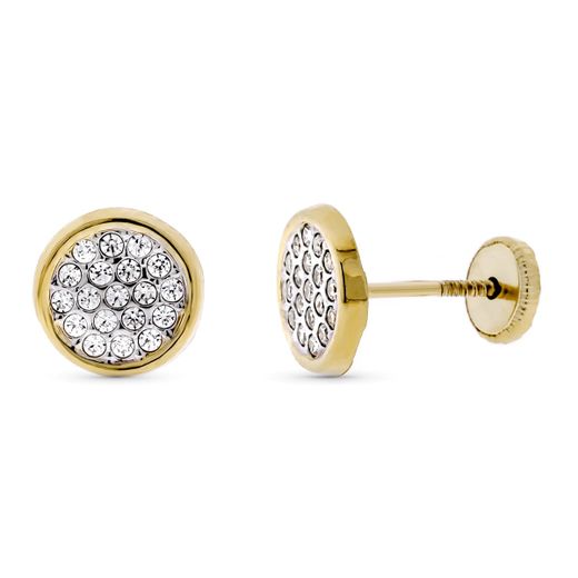 9K Pendientes Oro Bicolor Circonita Redondos 8 Mm. Cierre Tuerca