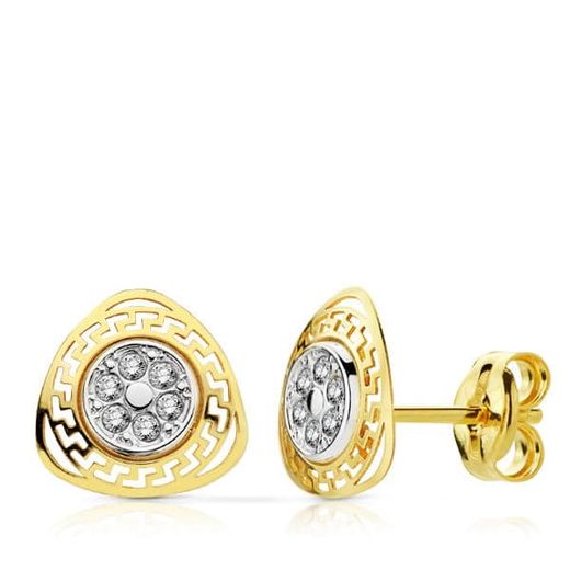 9K Pendientes Oro Bicolor Triangulo Calado Greca Con Circonitas. 8 X 8 Mm
