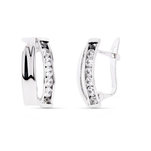 9K Pendientes Oro Blanco Bandas Con Circonita 14X7 Mm Cierre Catalan