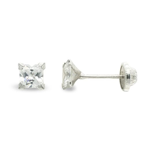 9K Pendientes Oro Blanco Circonita 3Mm 4 Garras Cierre Tuerca