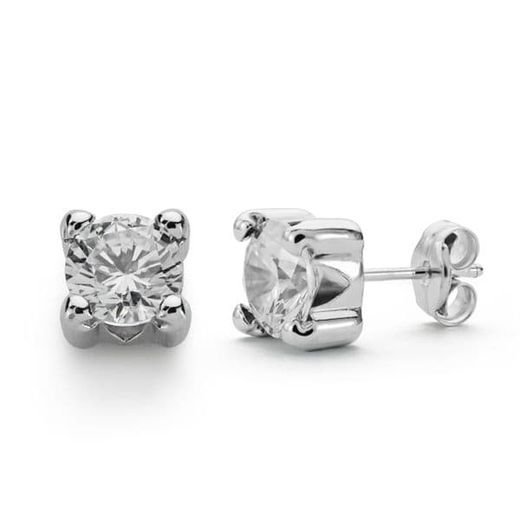 9K Pendientes Oro Blanco Circonita 6.5 Mm 4 Garras Cierre Presion