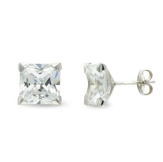 9K Pendientes Oro Blanco Circonita 8 Mm 4 Garras Presion