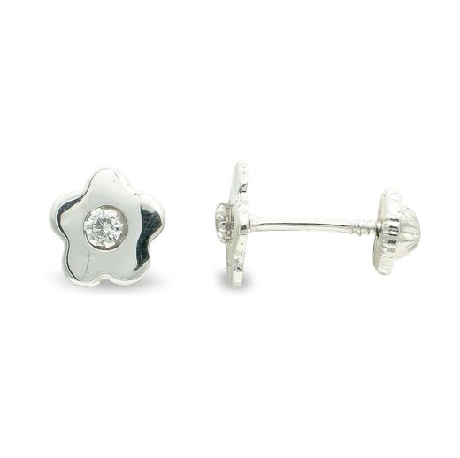 9K Pendientes Oro Blanco Flor 7 Mm Circonita Tuerca Cierre Tuerca