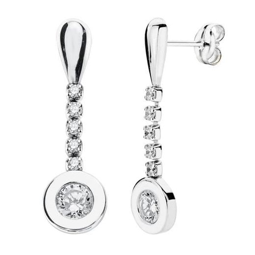 9K Pendientes Oro Blanco Largos Con Circonita 25X7 Mm Cierre Presion