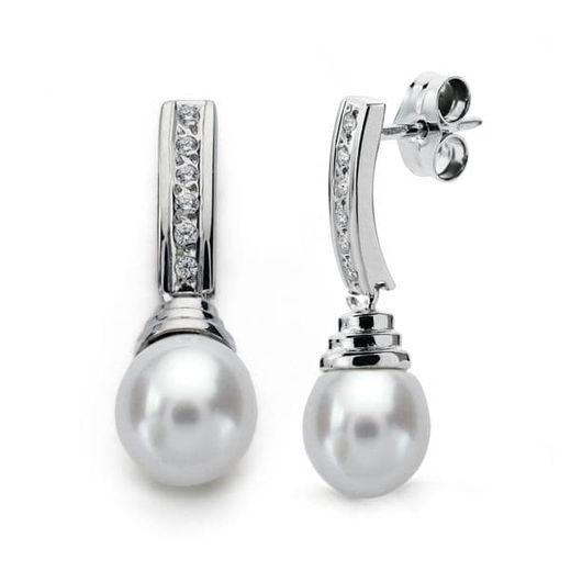 9K Pendientes Oro Blanco Perla 24X7 Mm Cierre Presion