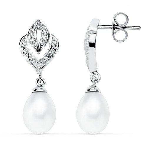9K Pendientes Oro Blanco Perla 28X10 Mm Cierre Presion