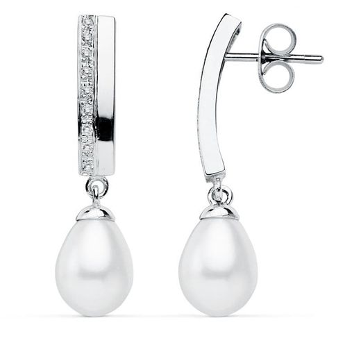 9K Pendientes Oro Blanco Perla 30X7 Mm Cierre Presion