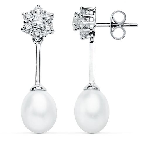 9K Pendientes Oro Blanco Perla 30X8 Mm Cierre Presion