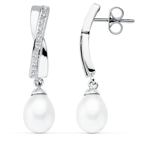 9K Pendientes Oro Blanco Perla 32X7 Mm Cierre Presion