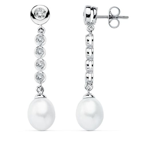 9K Pendientes Oro Blanco Perla 40X10 Mm Cierre Presion