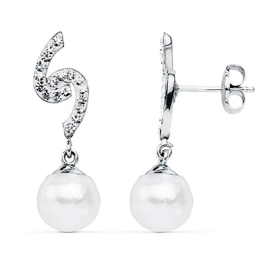 9K Pendientes Oro Blanco Perla 8 Mm 24X6 Mm Cierre Presion