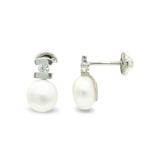 9K Pendientes Oro Blanco Perla Circonita 10X6 Mm Cierre Tuerca