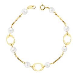 9K Pulsera Oro Amarillo Comunion Perlas 5 Mm Y Motivos Ovales. Largo: 17Cm
