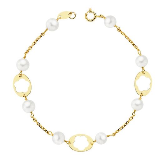 9K Pulsera Oro Amarillo Comunion Perlas 5 Mm Y Motivos Ovales. Largo: 17Cm