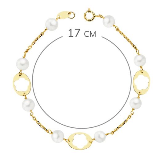 9K Pulsera Oro Amarillo Comunion Perlas 5 Mm Y Motivos Ovales. Largo: 17Cm