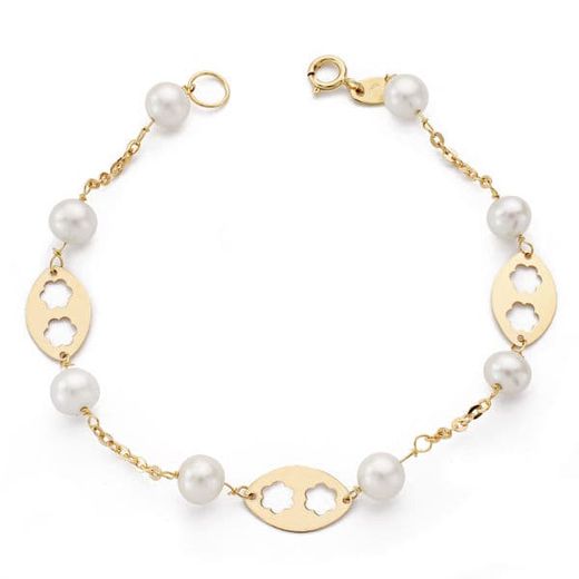 9K Pulsera Oro Amarillo Perla Y Motivos. 18Cm
