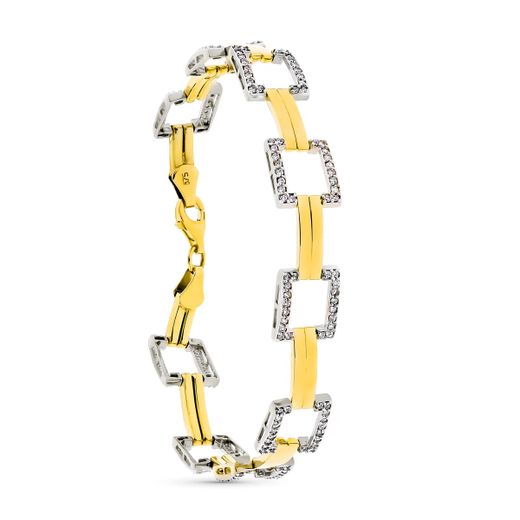 9K Pulsera Oro Bicolor Cuadrados Y Circonita 19Cm