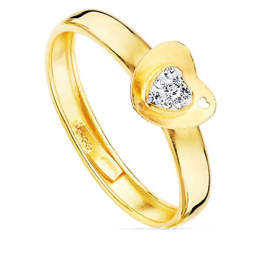 9K Sortija Oro Amarillo Corazon Con Circonitas. Ancho: 6 Mm