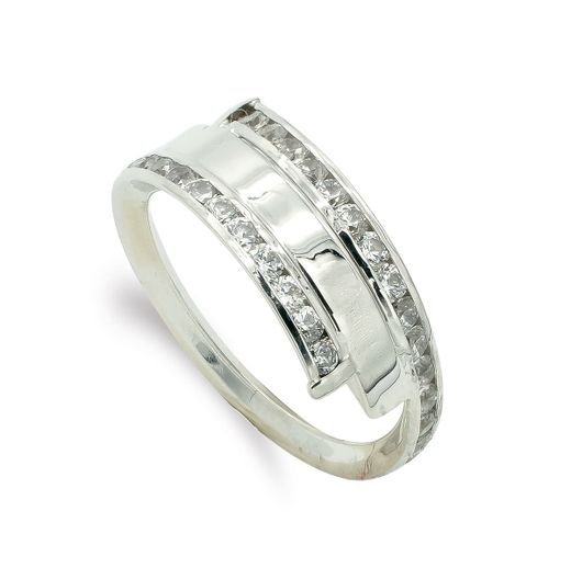 9K Sortija Oro Blanco Con Circonitas. Ancho: 7,5 Mm